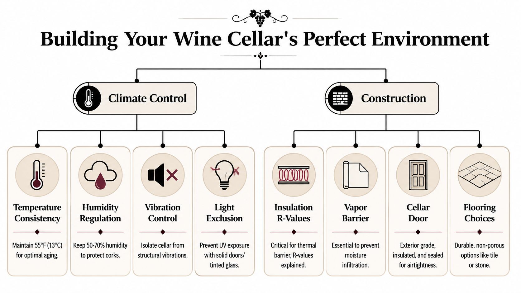 A diagram outlining the essential elements for building a wine cellar, including climate control and construction details.