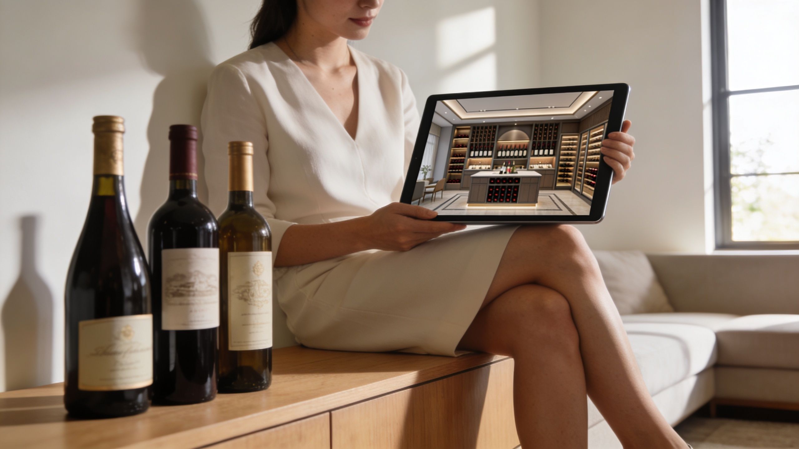 A woman holding a tablet showing a custom wine cellar design next to bottles of wine.