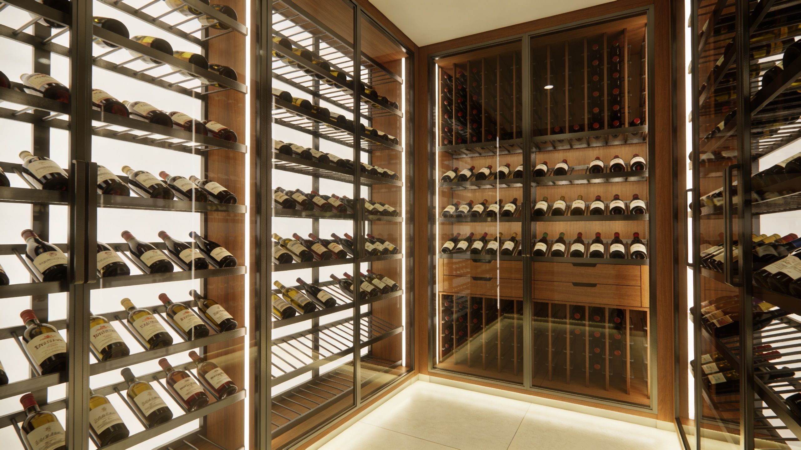 A luxurious modern custom wine cellar featuring organized wooden racks with glass cabinets and integrated LED lighting.