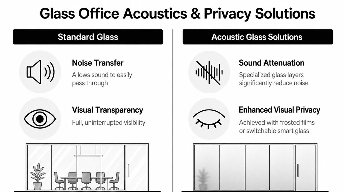 A comparison chart showing benefits of standard glass versus acoustic glass for office partition privacy and soundproofing.