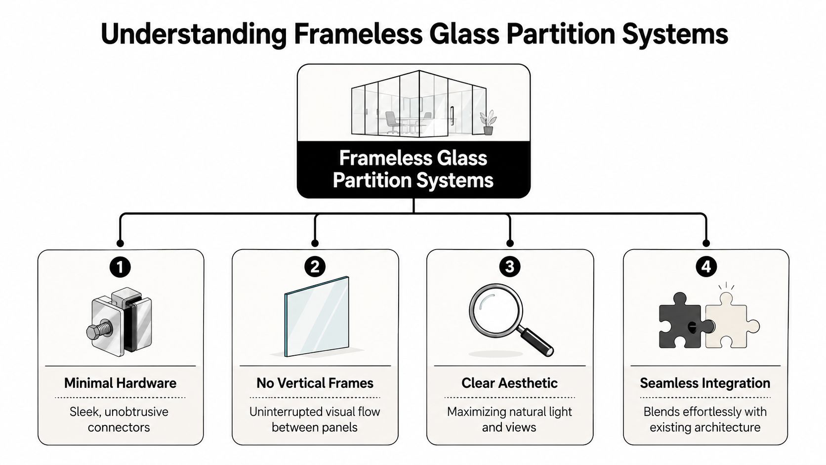 A diagram explaining the key features of frameless glass partition systems for modern office interior design.