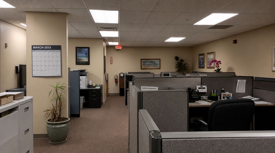 A professional office interior with gray cubicle partitions, a plant, and a wall calendar in March.