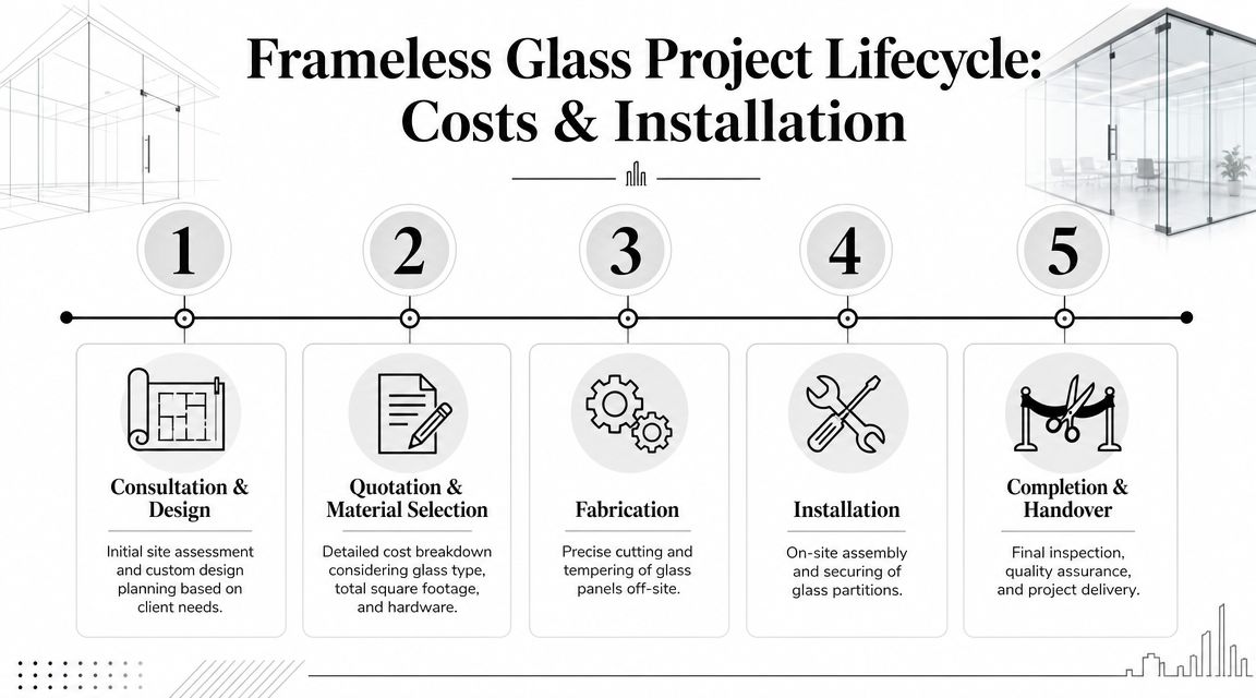 A five-step infographic detailing the professional project lifecycle for installing custom frameless glass office partitions.
