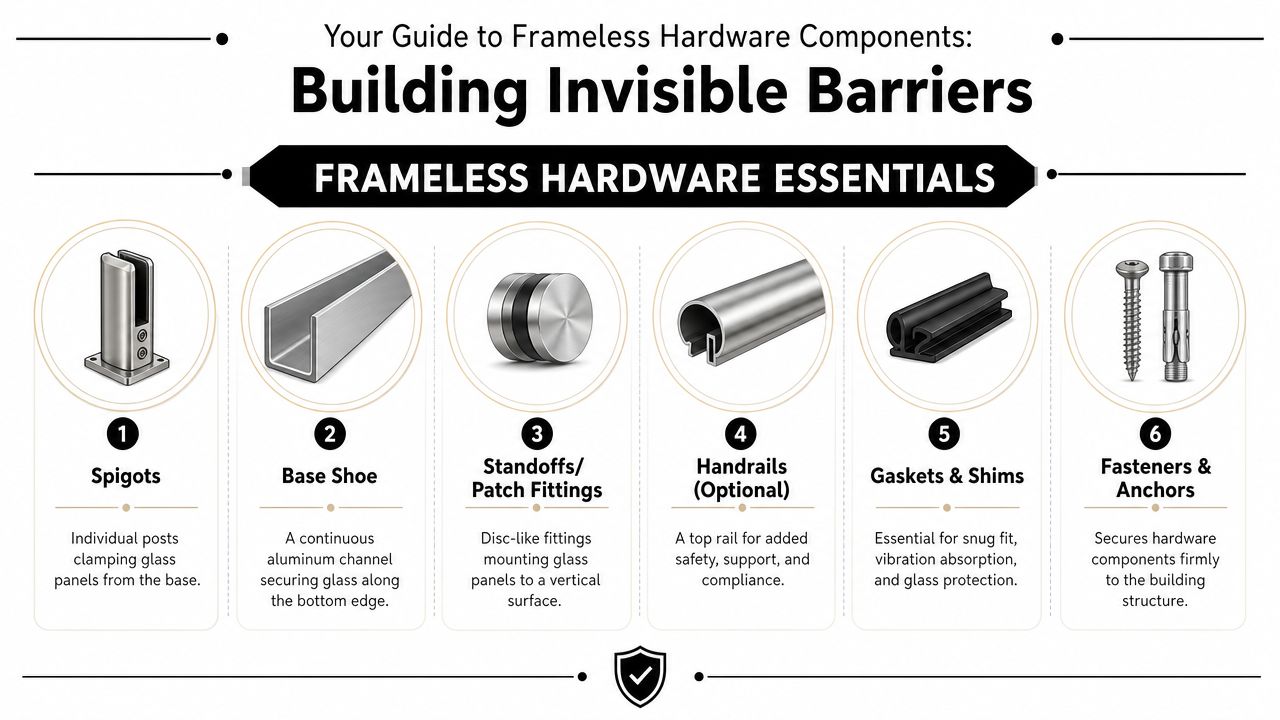 A visual guide illustrating six essential hardware components used for installing frameless glass railing systems.