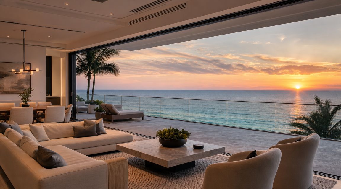 A luxurious modern living room with open floor plan and seamless transition to a terrace overlooking the ocean.