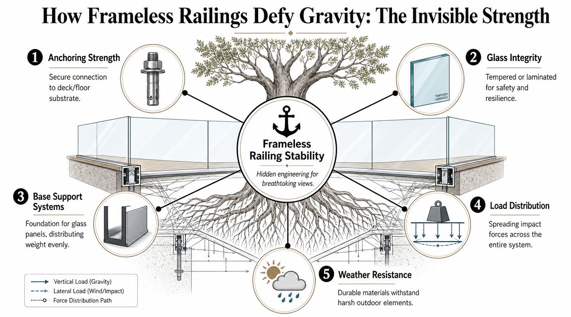 An infographic detailing the engineering principles and structural components that provide stability for frameless glass railing systems.