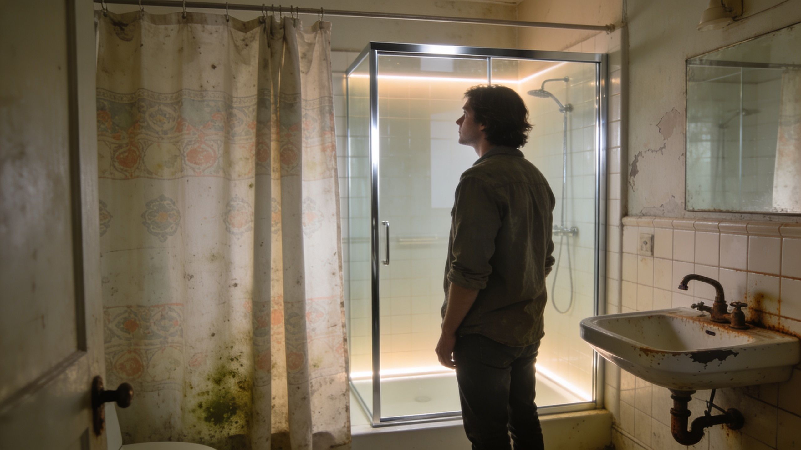 A man stands in a dilapidated bathroom looking toward a modern, glowing frameless rain glass shower enclosure.