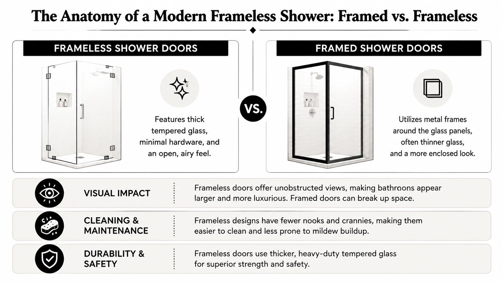 A comparison infographic showing the design differences between frameless and framed glass shower doors for bathrooms.