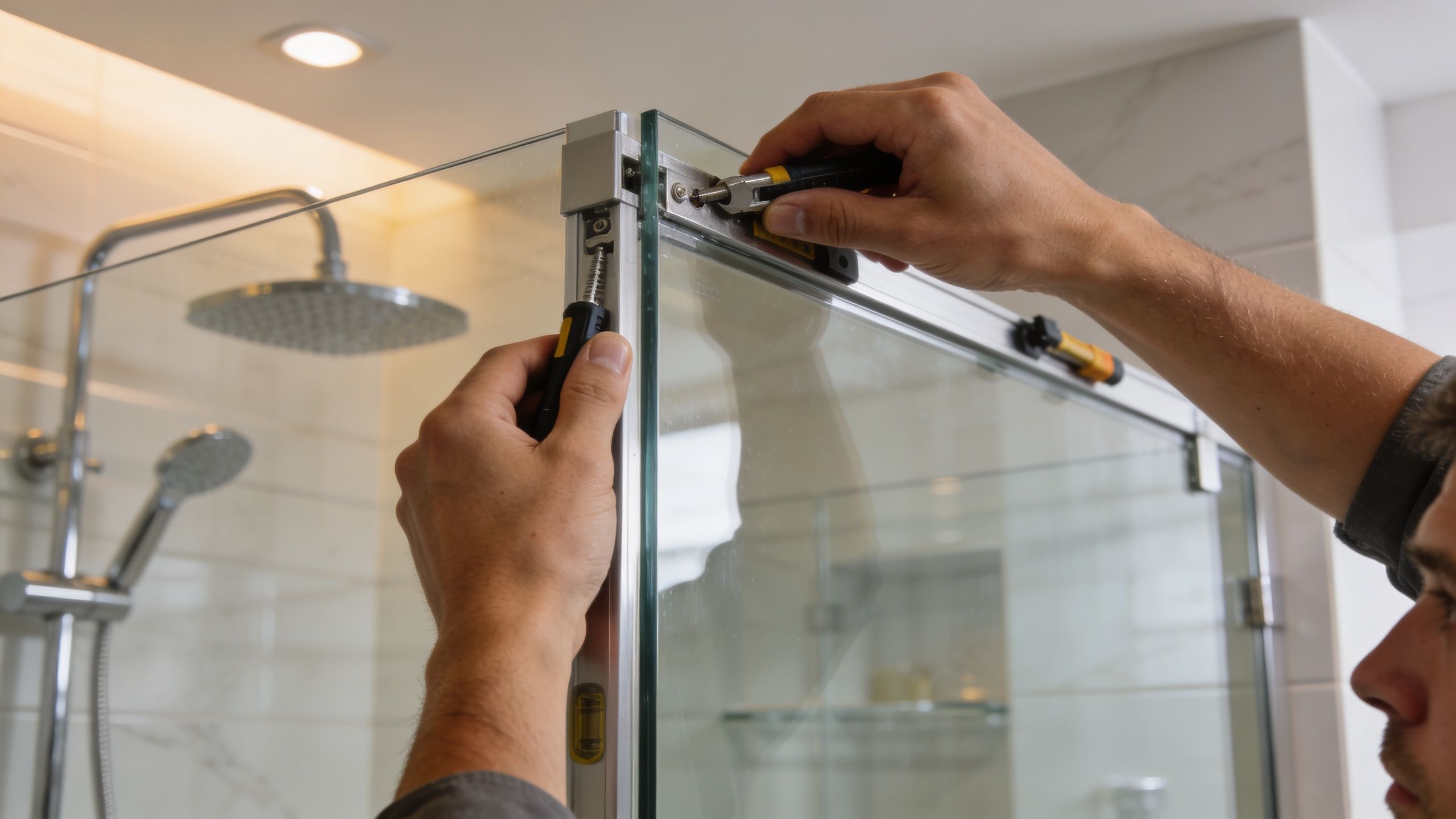 A professional installer tightening a screw into the frame of a frameless rain glass shower door.