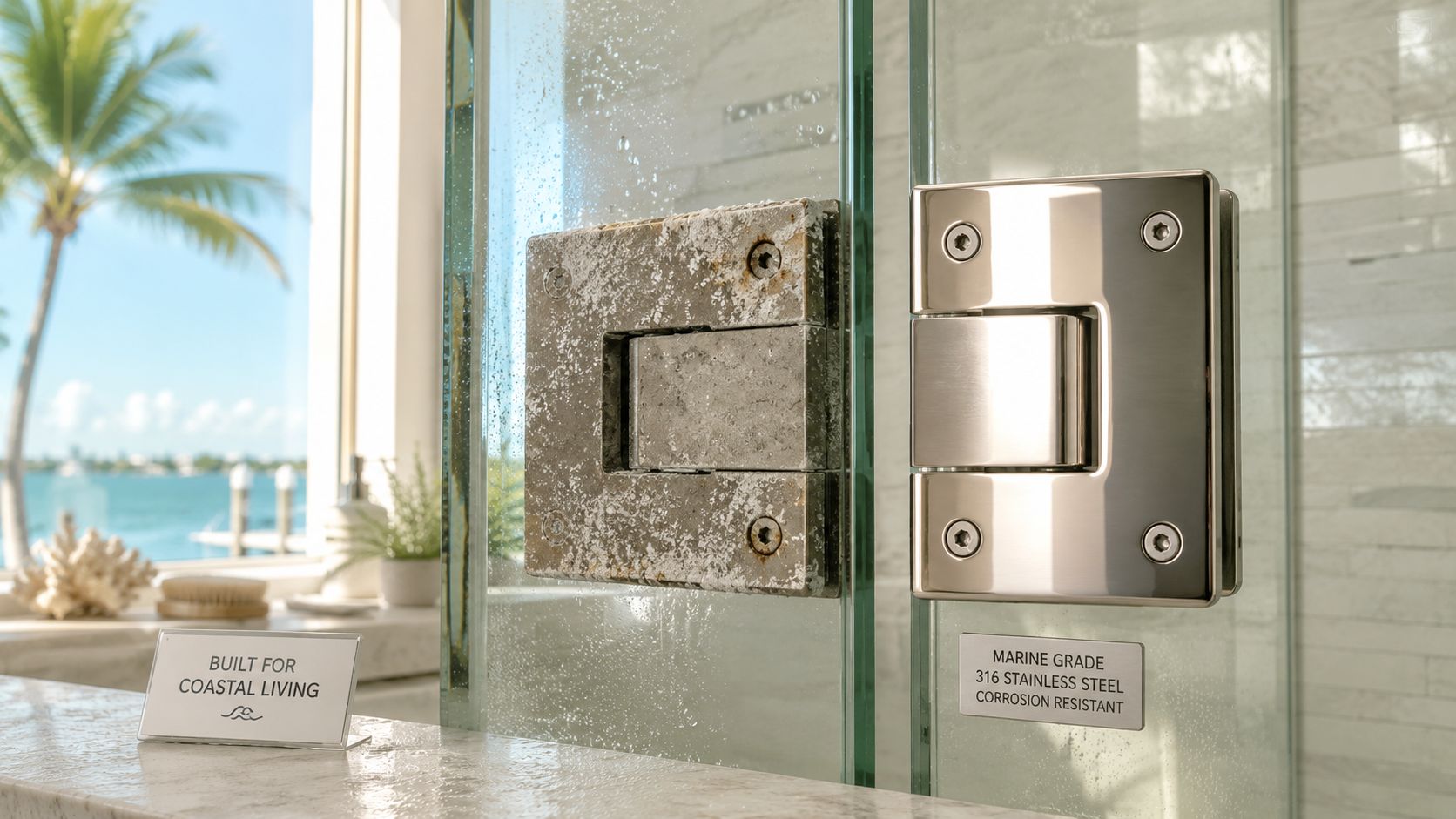 A comparison between a corroded shower hinge and a polished marine grade 316 stainless steel hinge.
