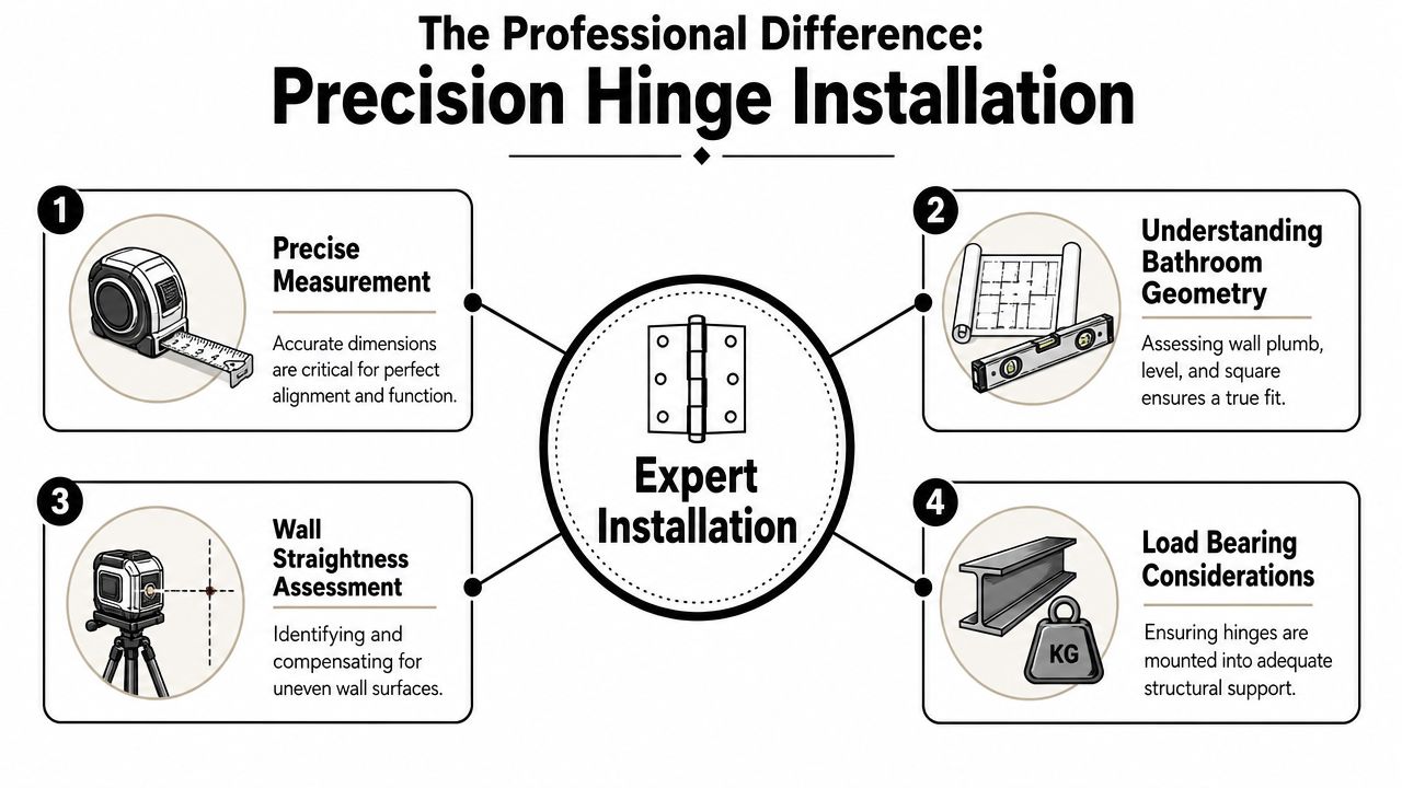 A professional guide showing four key steps for precision hinge installation, including measurement, geometry, alignment, and load bearing.