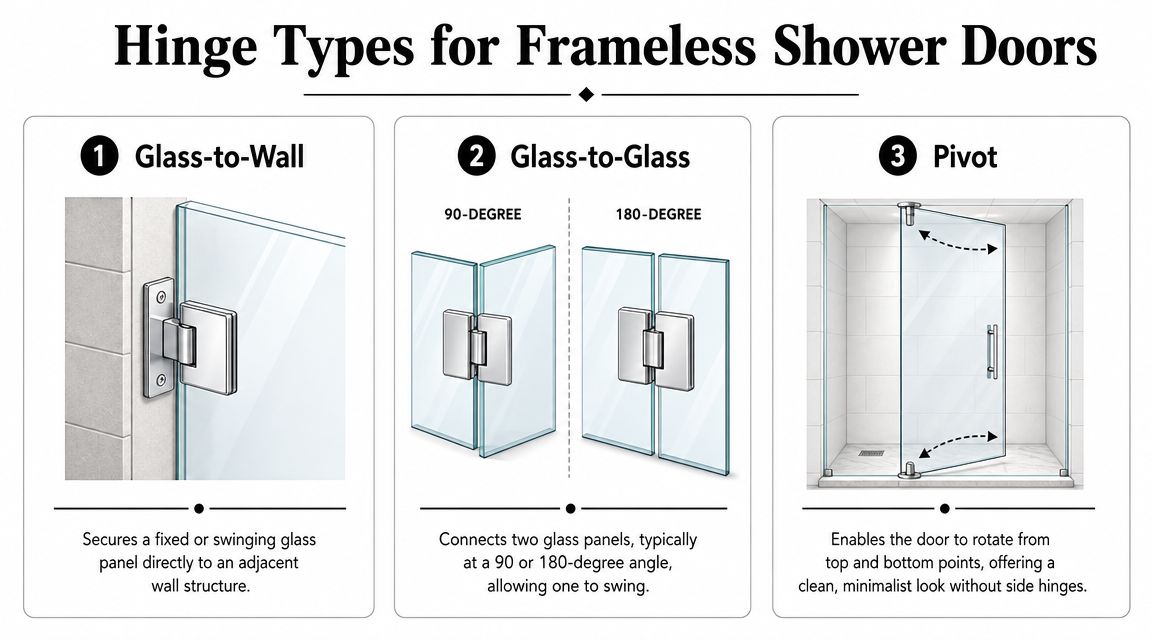 A diagram illustrating three different types of hinges for frameless shower doors: glass-to-wall, glass-to-glass, and pivot.