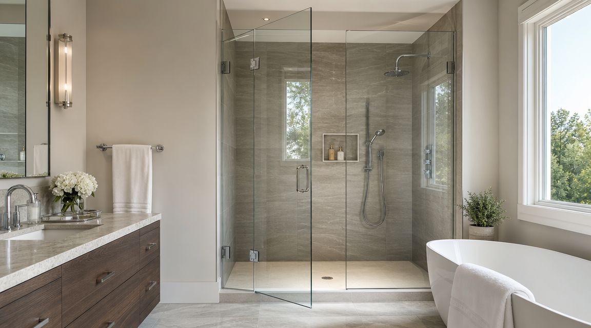 A luxurious modern bathroom featuring a frameless glass shower enclosure with a sleek chrome door latch handle.