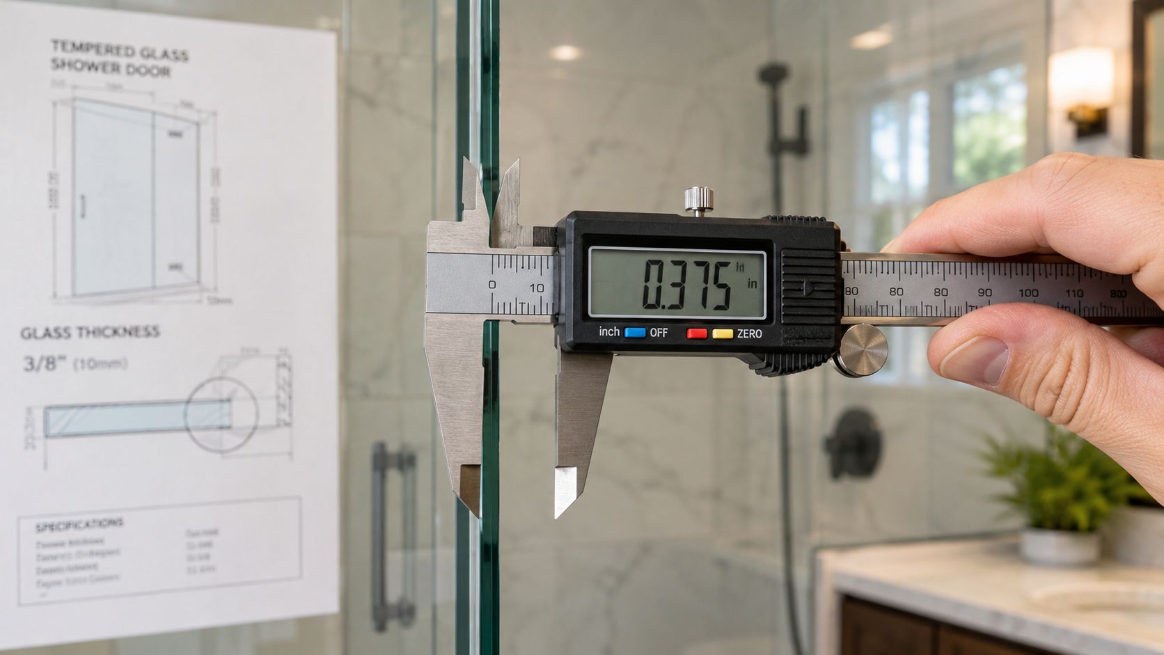 A hand using a digital caliper to measure the 0.375 inch thickness of a glass shower door panel.