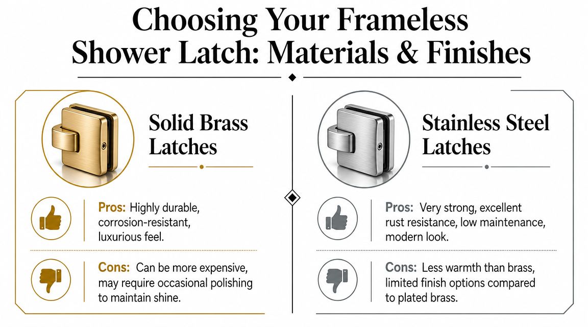 A comparison chart showing the pros and cons of solid brass and stainless steel frameless shower latches.