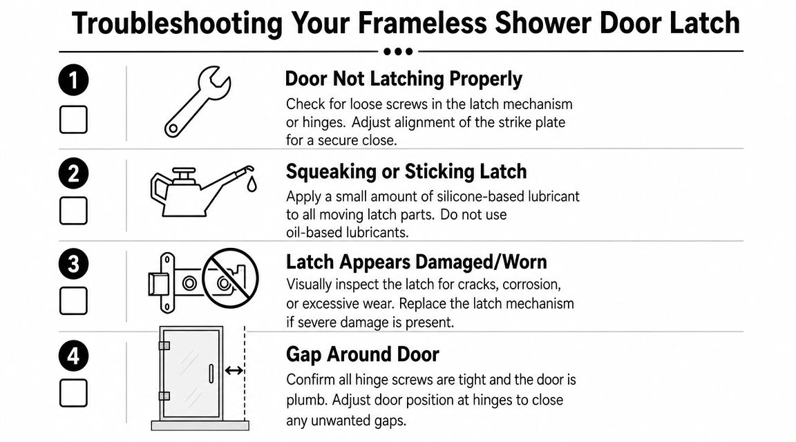 A troubleshooting guide with four steps for maintaining and fixing a frameless shower door latch.