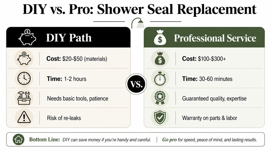 A comparison infographic showing the cost, time, and benefits of DIY versus professional shower seal replacement services.