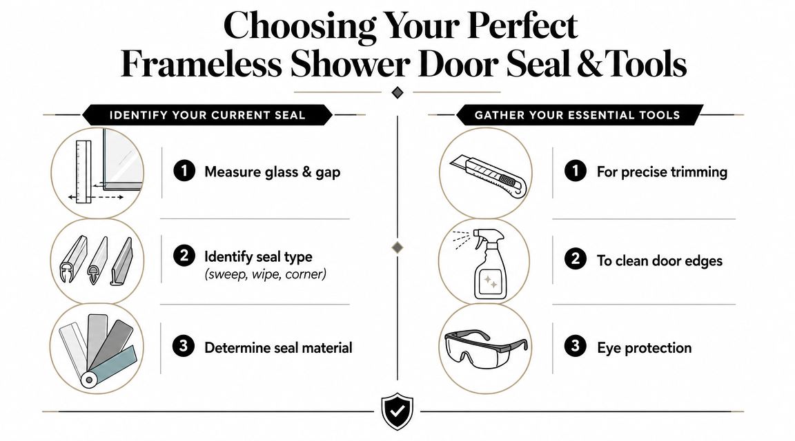 An infographic titled Choosing Your Perfect Frameless Shower Door Seal & Tools with step-by-step instructions.