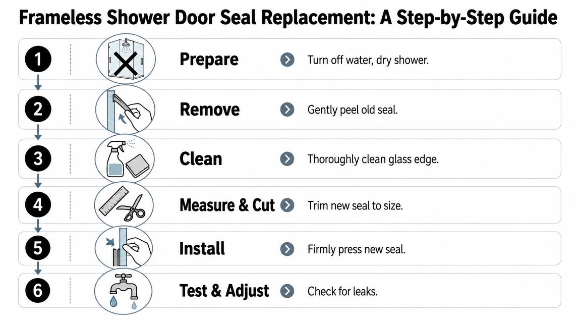 A six-step infographic guide detailing how to perform a frameless shower door seal replacement.