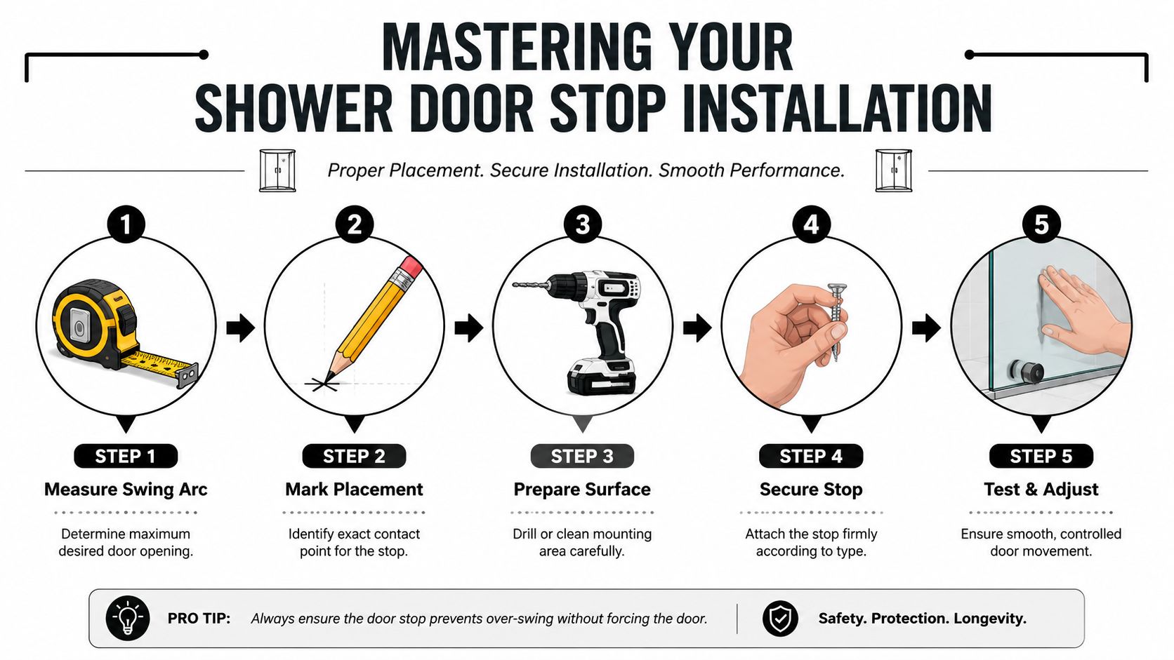 An infographic illustrating five easy steps to install a frameless shower door stop for improved safety.