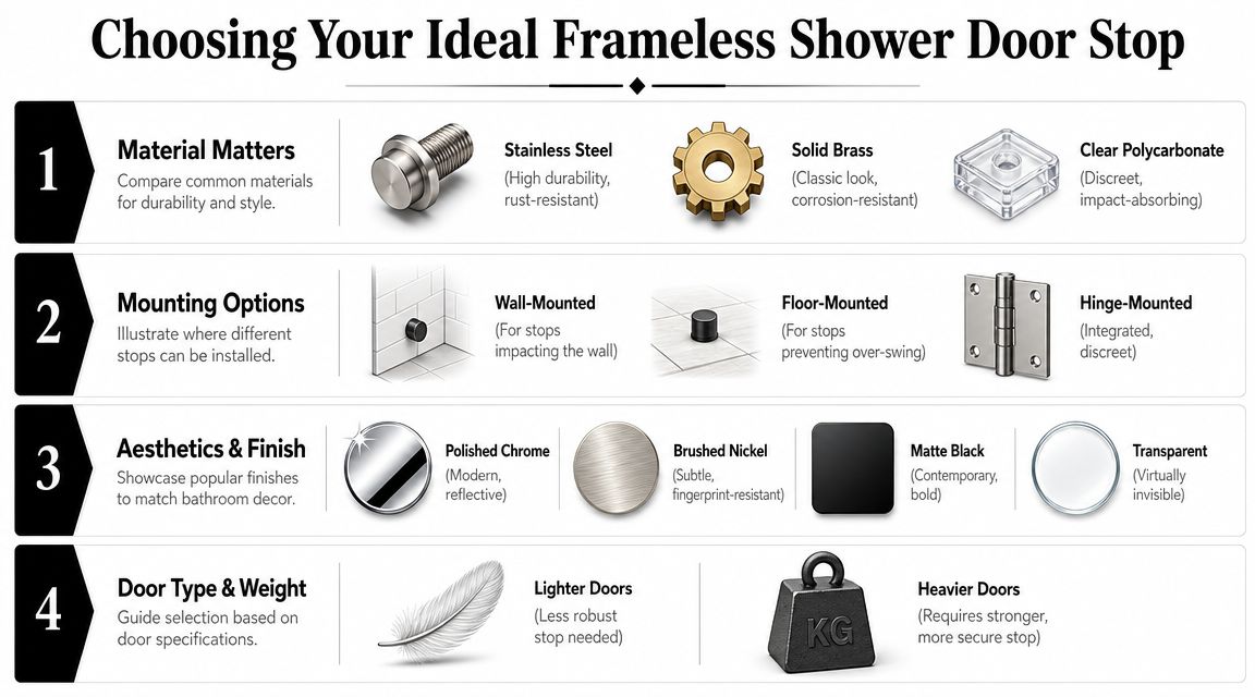 An infographic titled Choosing Your Ideal Frameless Shower Door Stop detailing materials, mounting, finishes, and weights.