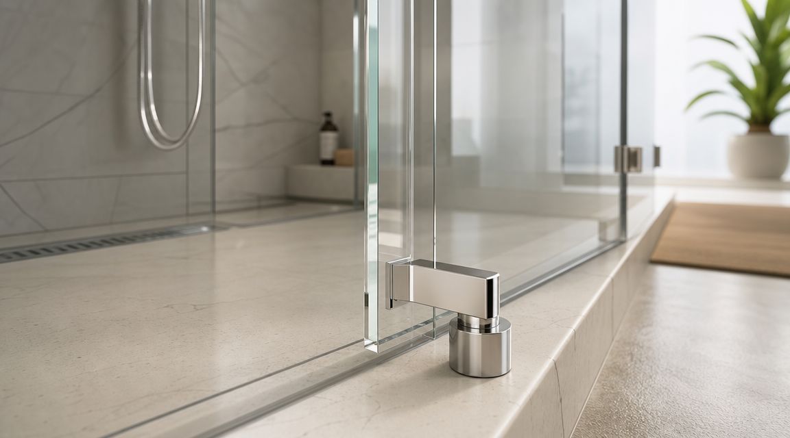 A close-up view of a modern chrome shower door pivot hinge mounted on a stone bathroom floor.