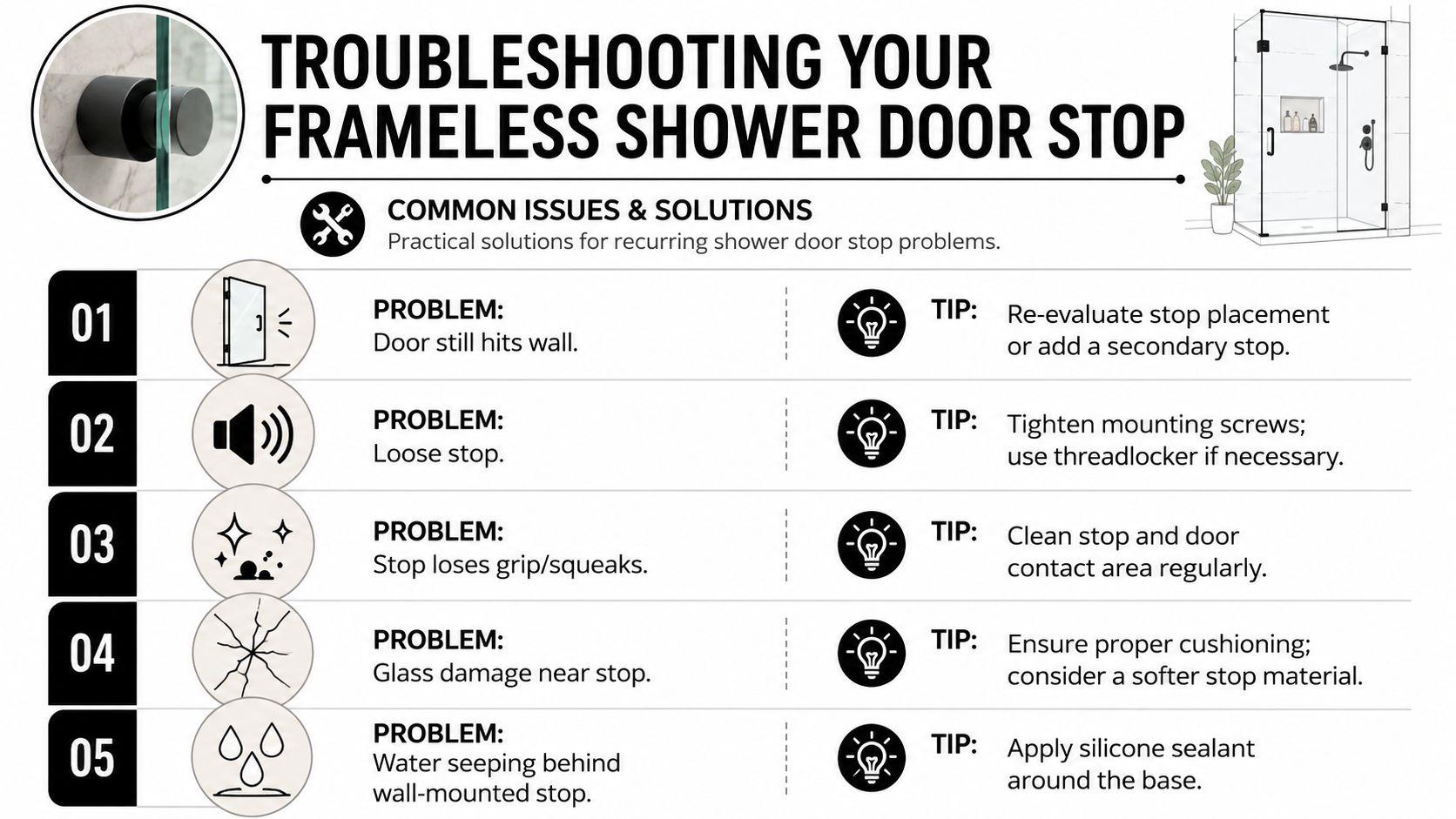 A troubleshooting guide infographic for common frameless shower door stop issues, problems, and their practical solutions.