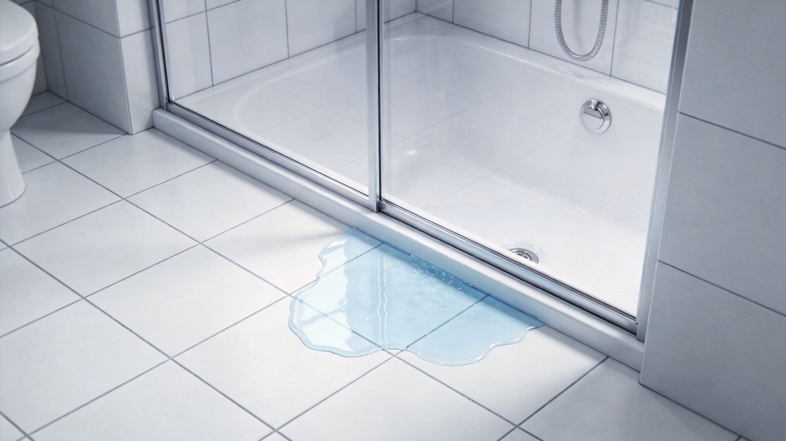 Water leaking from underneath a frameless shower door onto the tiled bathroom floor surface.