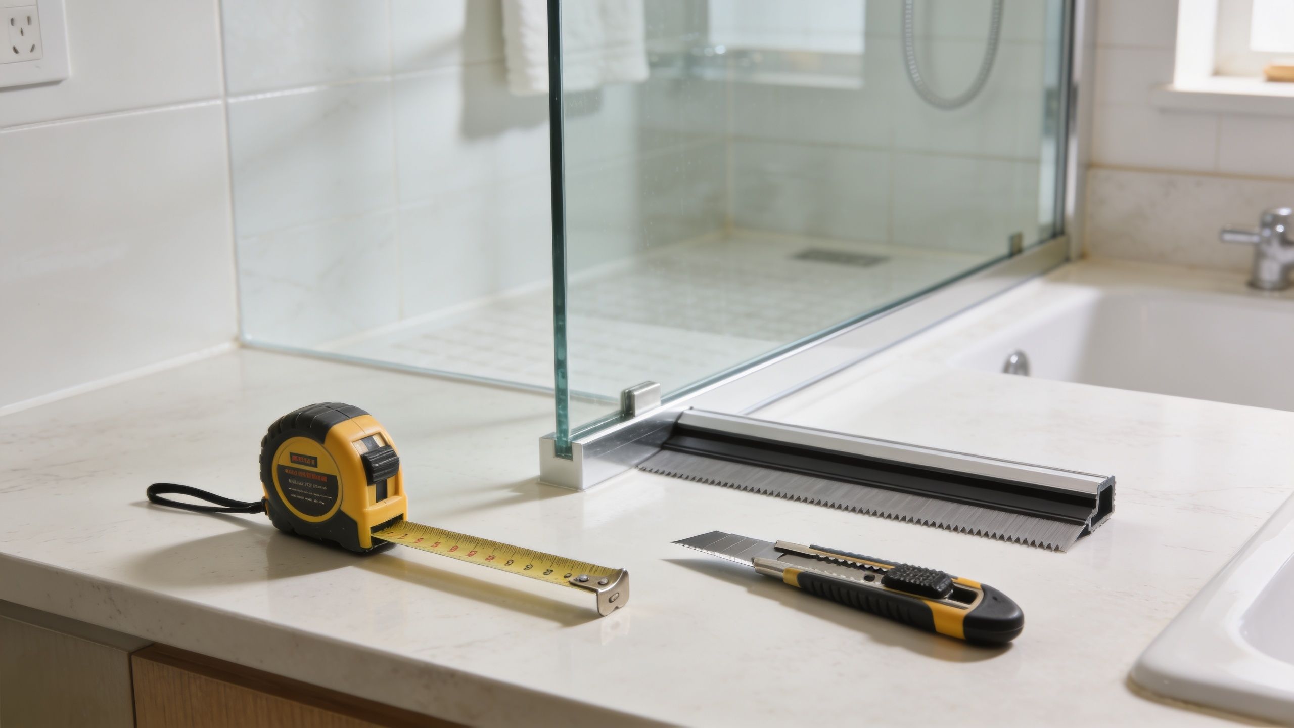 A tape measure and a utility knife sitting on a bathroom counter next to a shower door sweep.