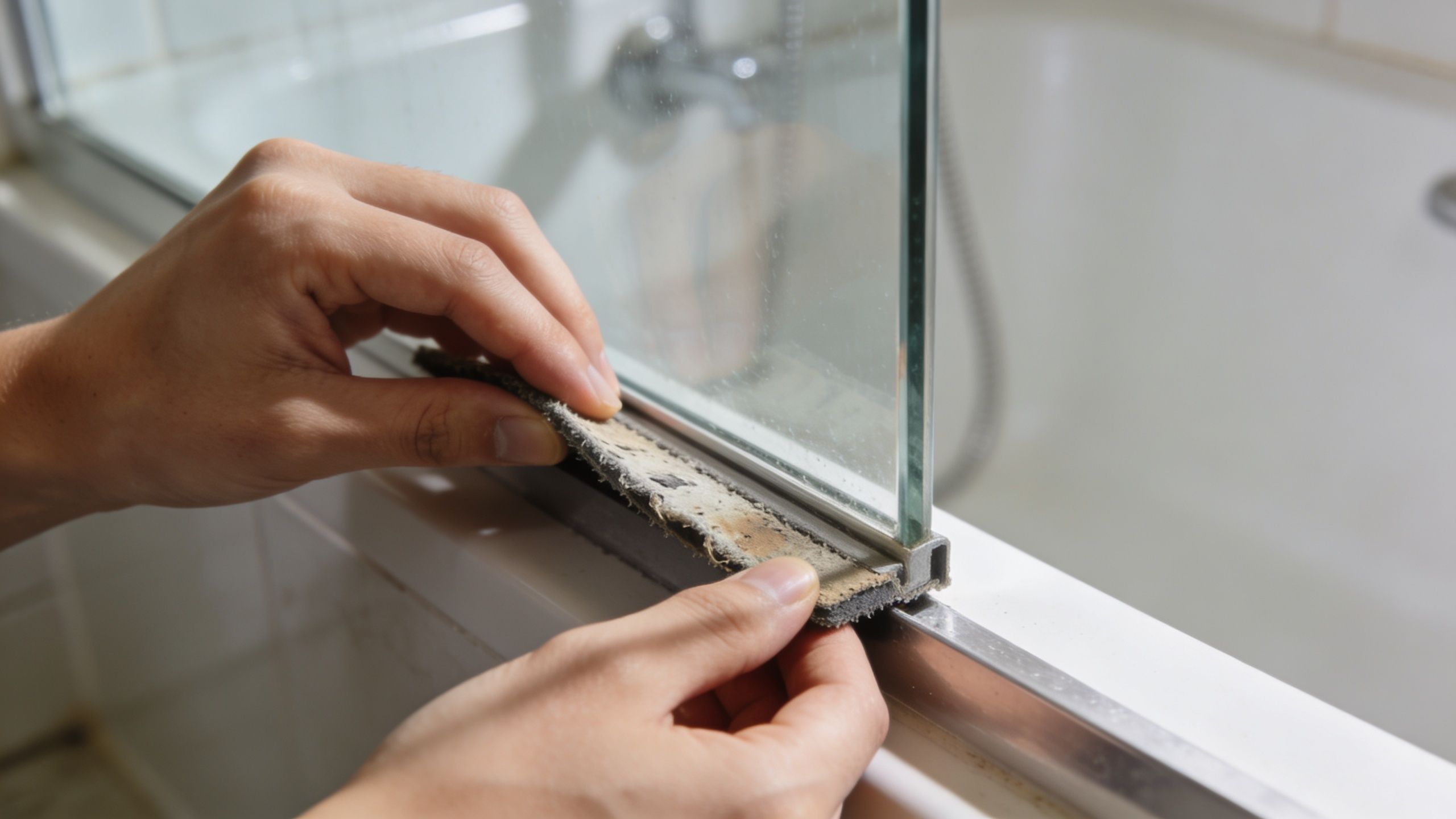 A person replaces a worn-out frameless shower door sweep seal on the bottom of a glass shower door.