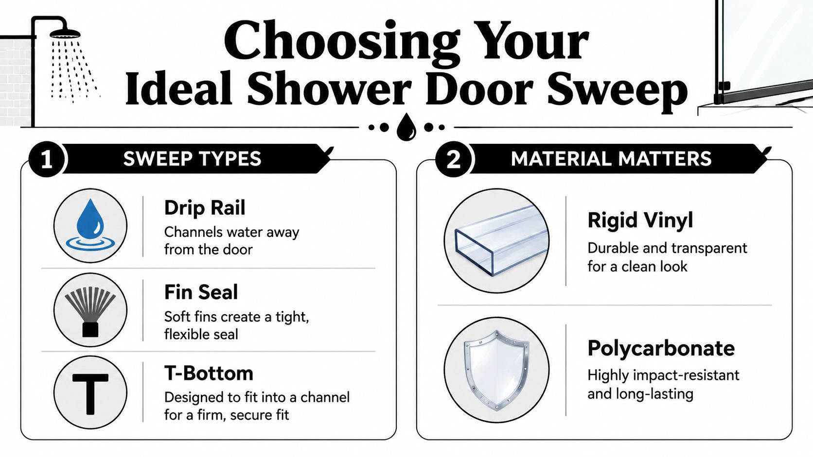 An infographic showing different shower door sweep types and materials for choosing a replacement seal.