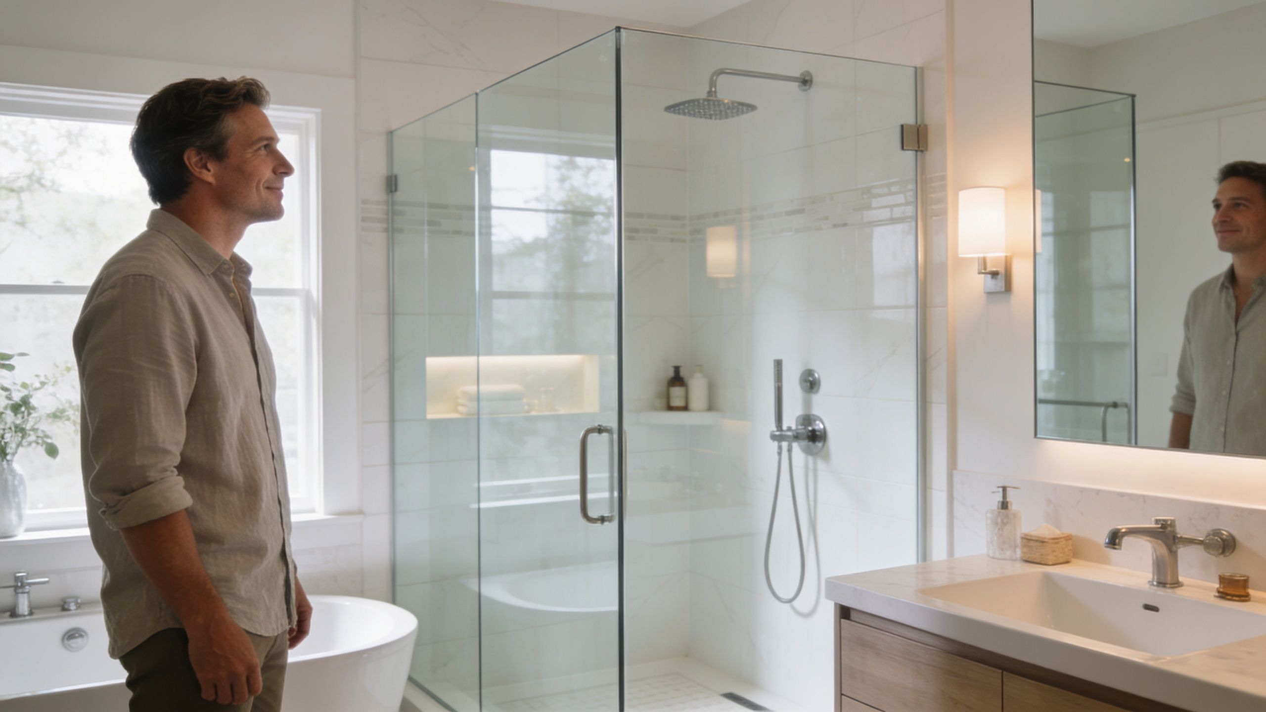 A man standing in a modern bathroom looking at his reflection in the mirror near a frameless glass shower.