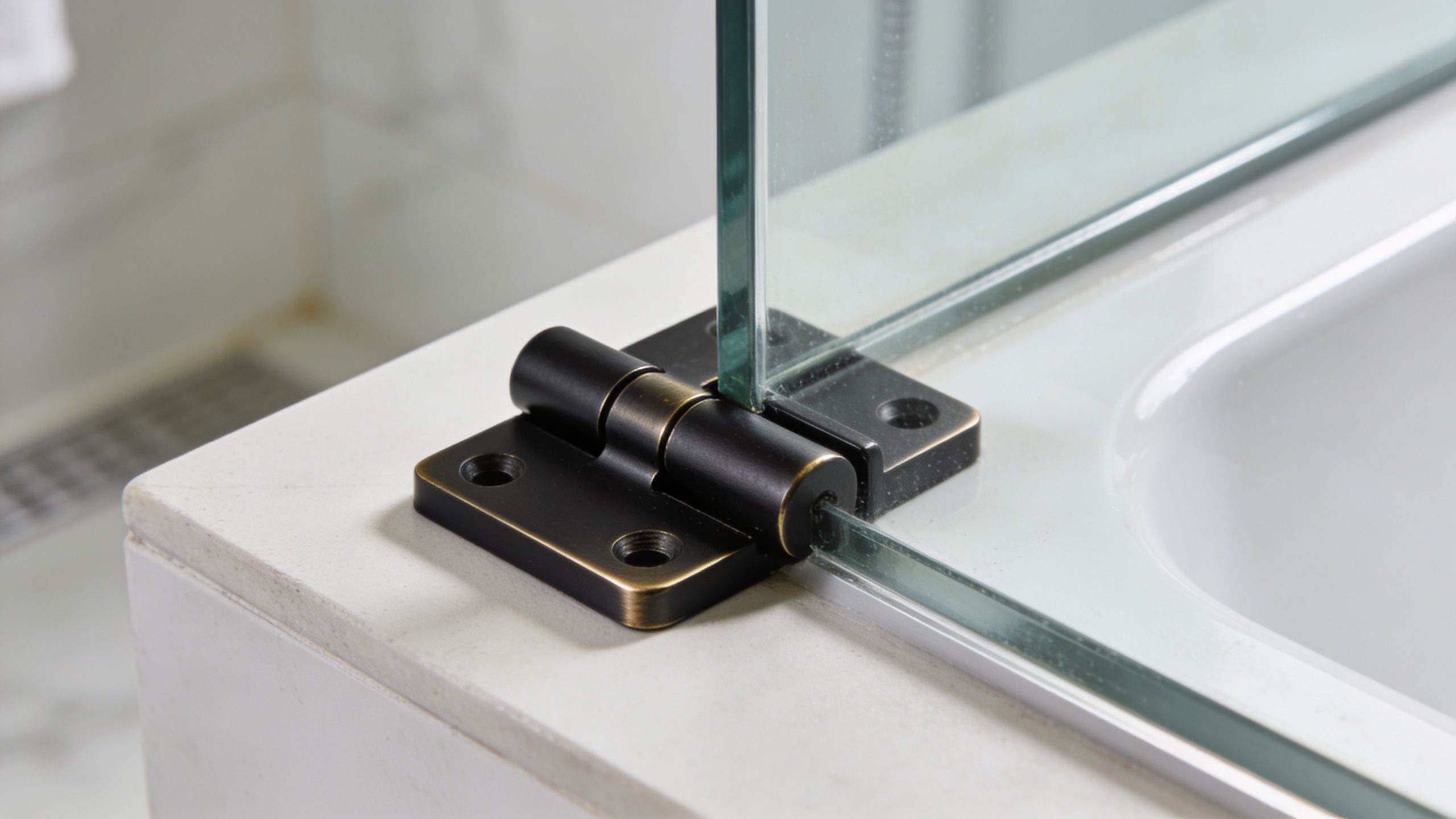 A close-up view of a matte black metal hinge securing a glass panel to a bathroom vanity.