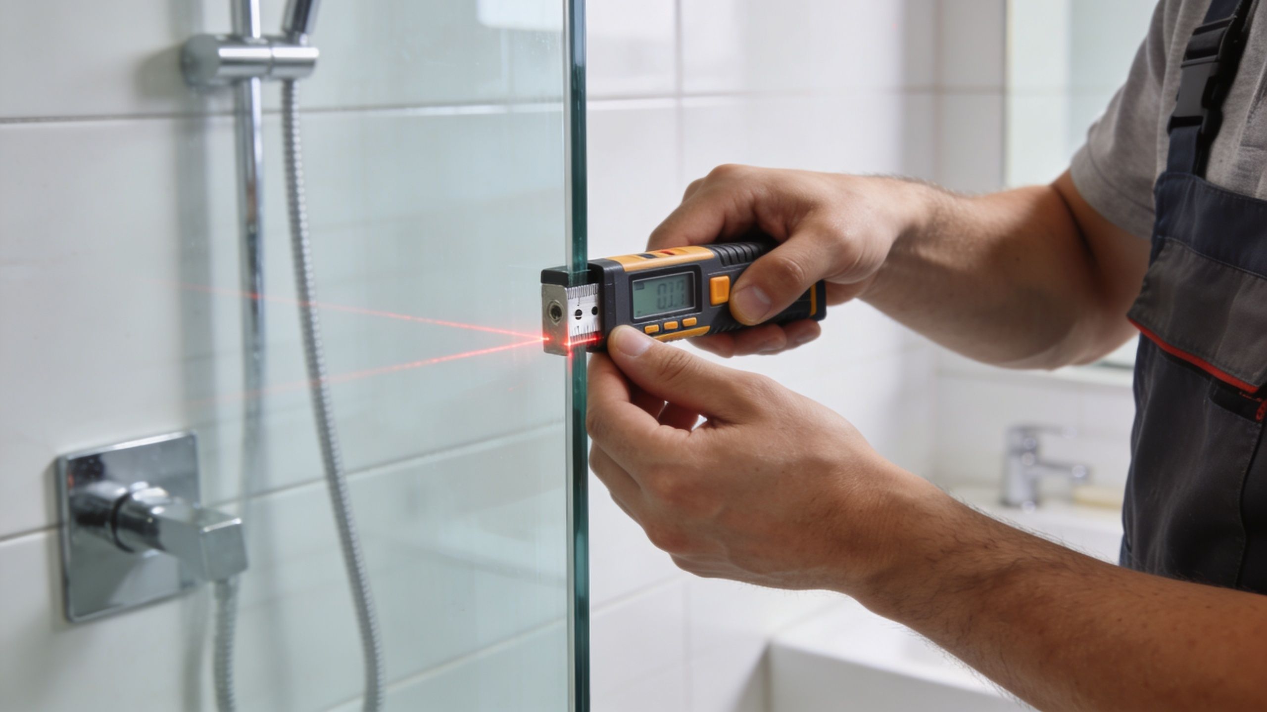 A professional technician using a digital laser measuring tool to check the thickness of a glass shower door.
