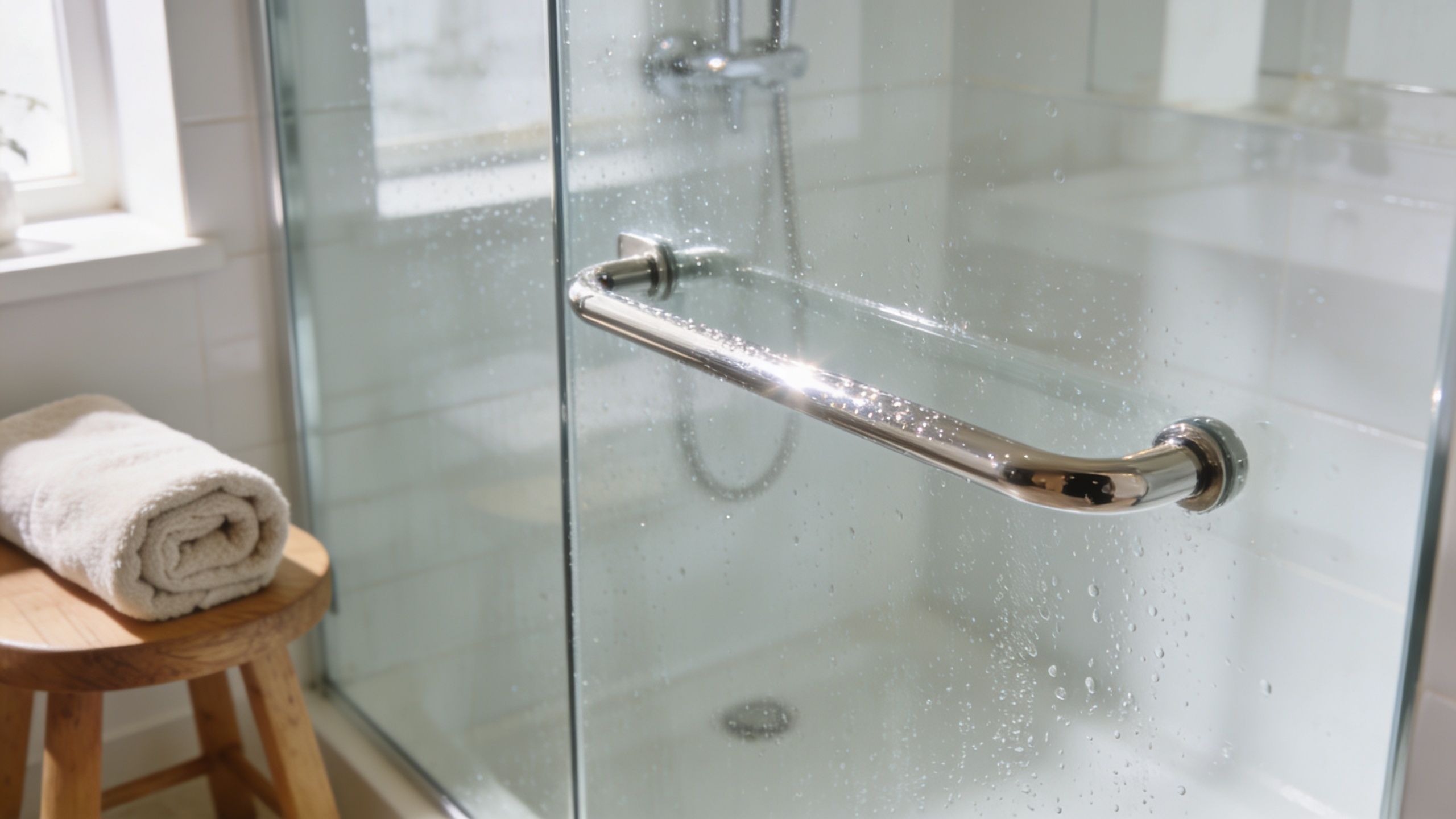 A close-up view of a glass shower door handle with water droplets in a clean bathroom.