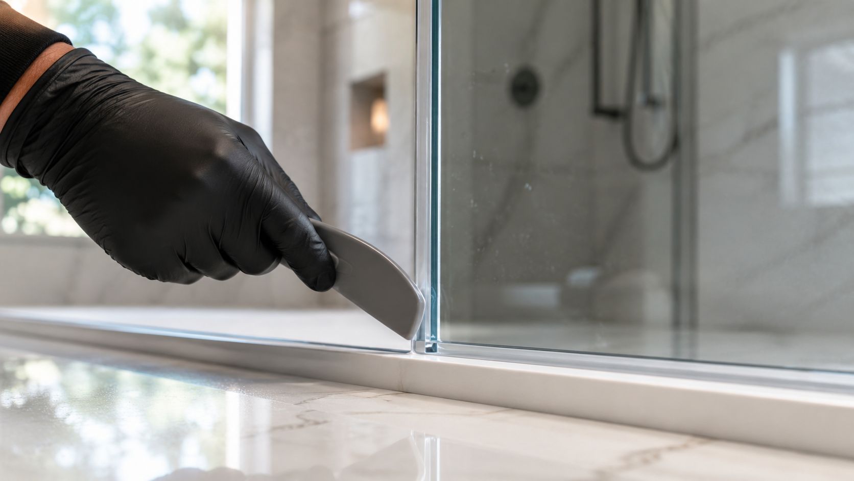 A person wearing black gloves applying sealant to a frameless shower door base using a smoothing tool.