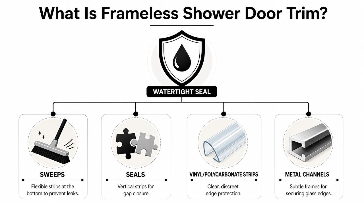 A diagram illustrating components of frameless shower door trim including sweeps, seals, plastic strips, and metal channels.