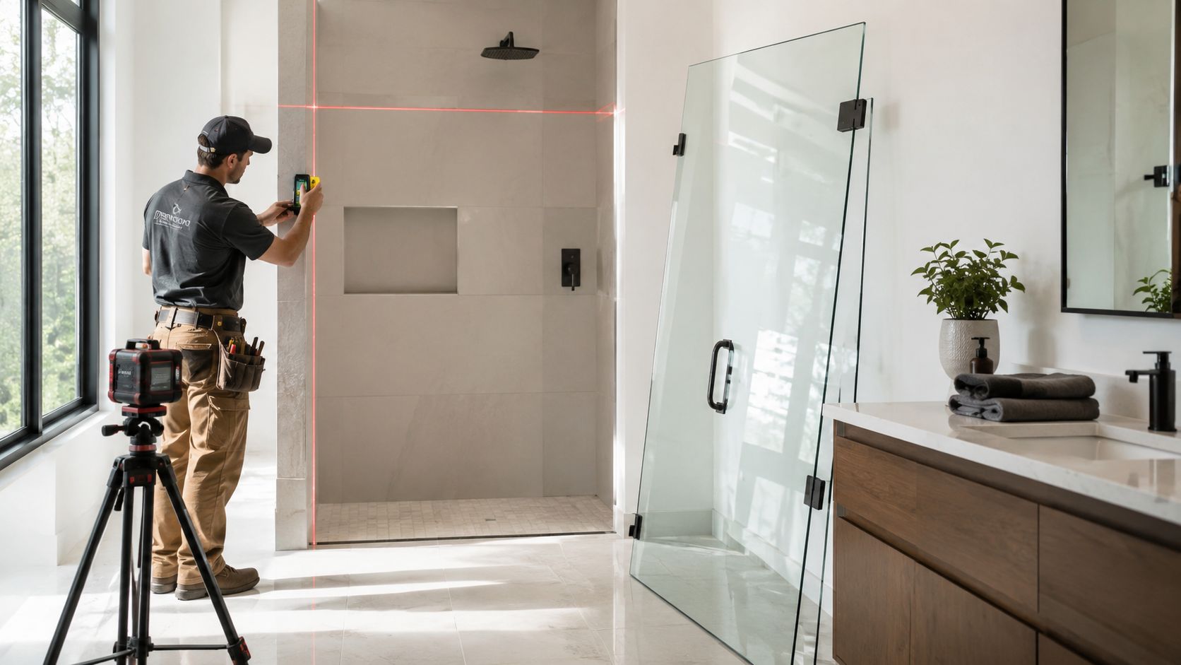 A professional contractor using a laser level to install a frameless shower door in a modern bathroom.