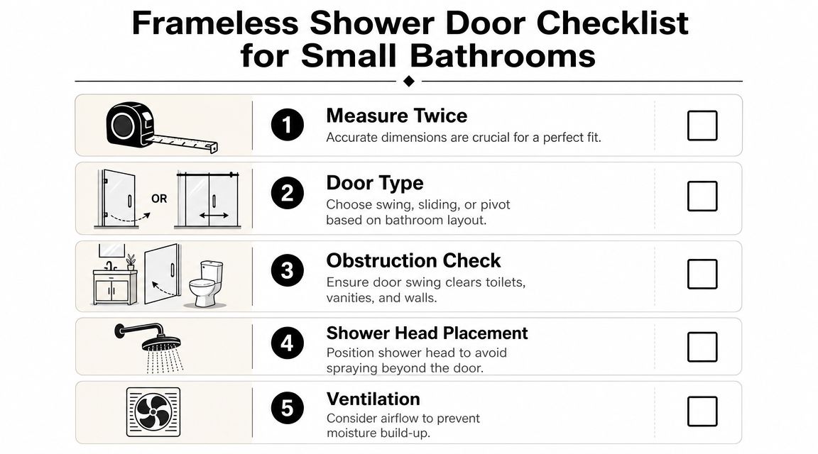 A five-step instructional checklist for choosing and installing frameless shower doors in small bathroom spaces.