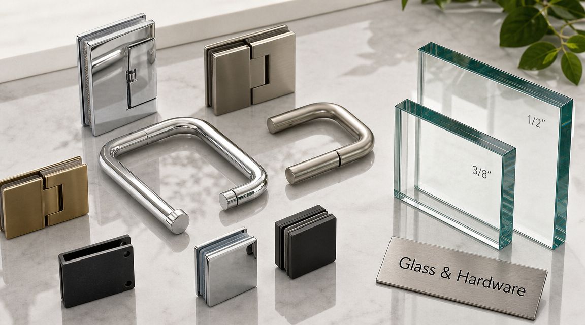 A collection of frameless shower door glass panels and metal hardware components displayed on a marble surface.
