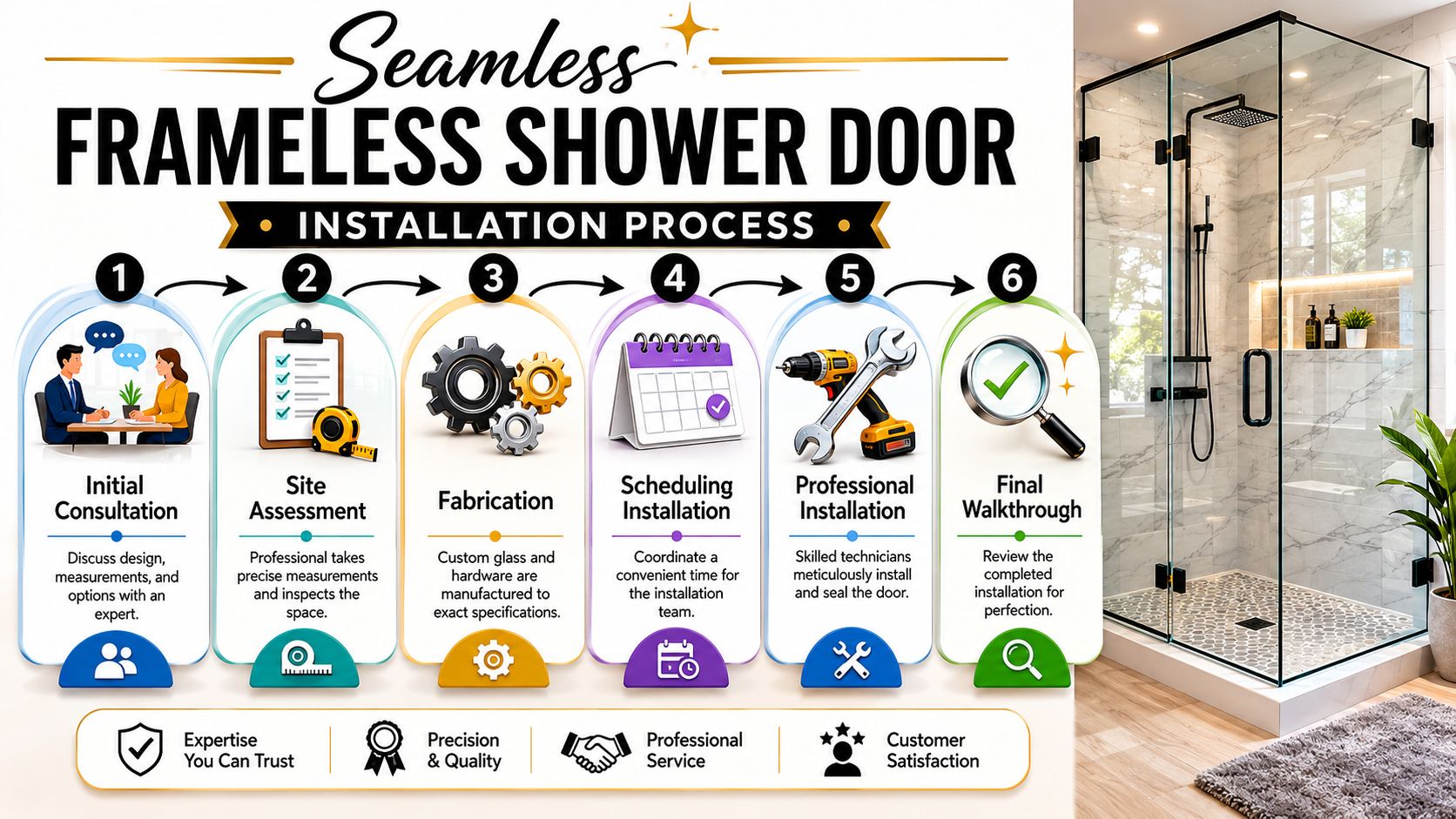 A diagram illustrating the six-step installation process for frameless shower doors with a photo of a finished bathroom.