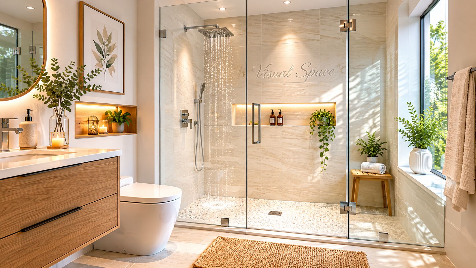 A luxurious bathroom featuring a frameless glass shower, modern wood vanity, and decorative indoor plants.