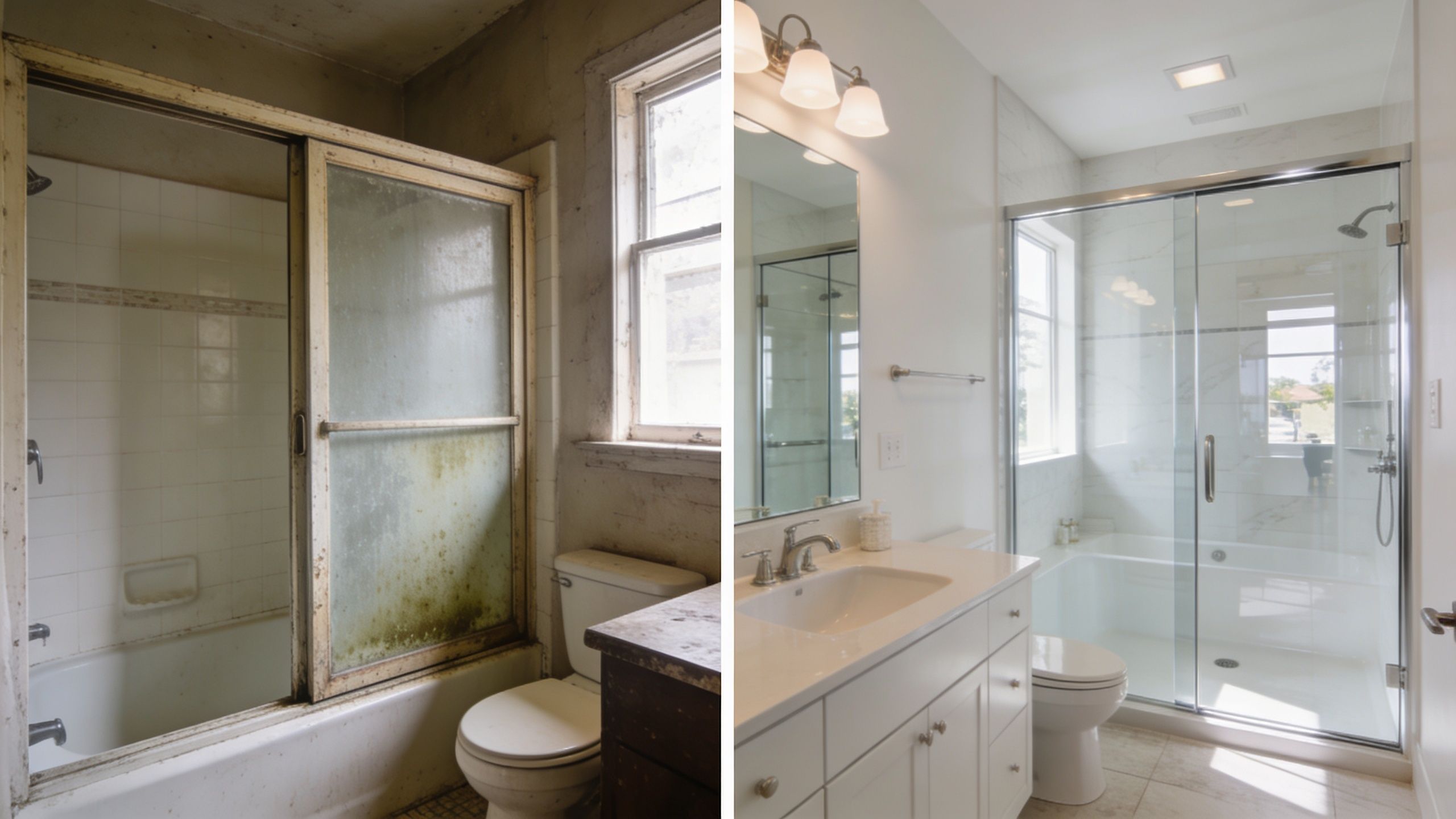 A split view comparison of a dilapidated bathroom and a modern, fully renovated bathroom with frameless glass doors.