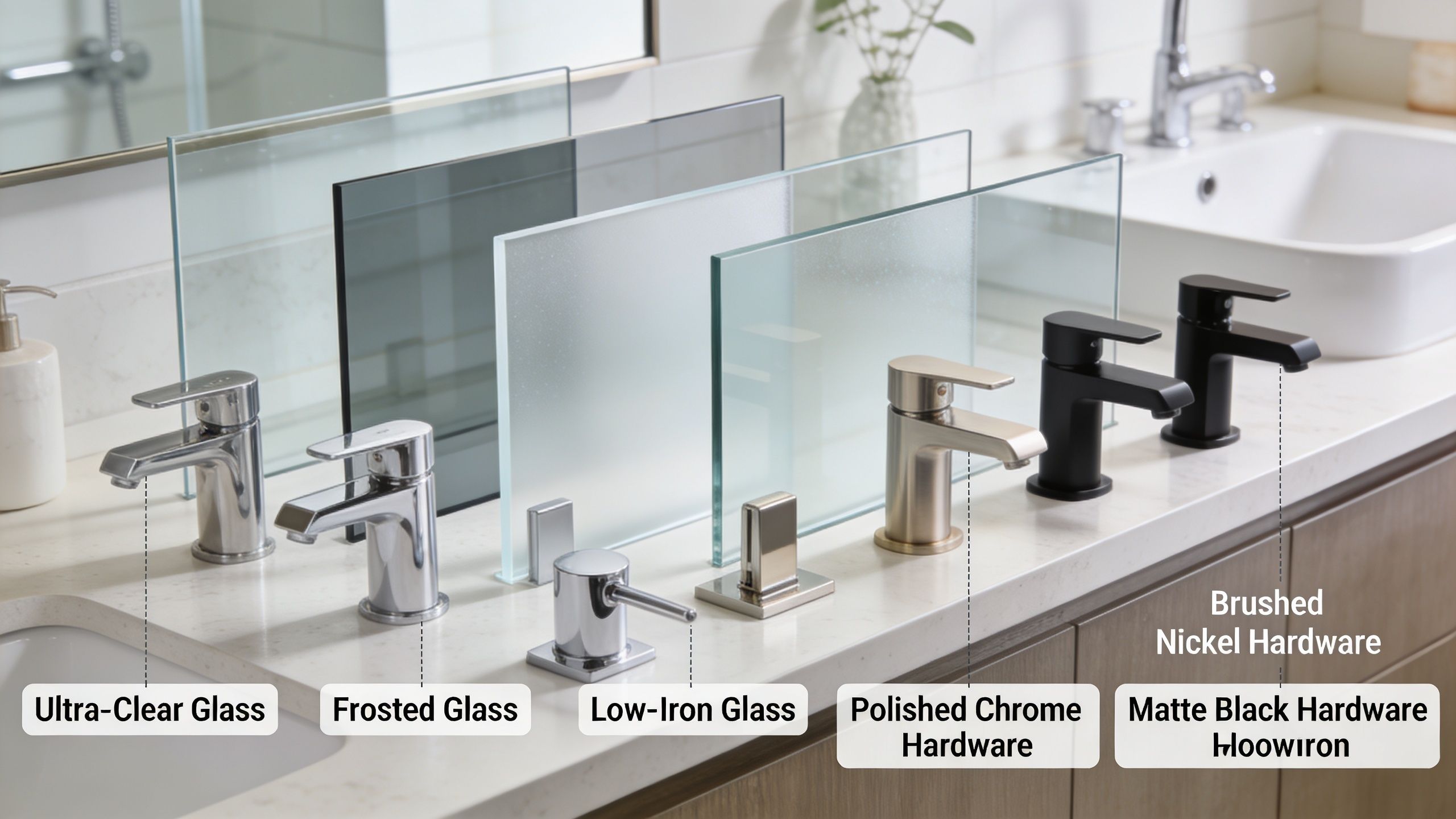 A display of various shower glass types and metal hardware finishes for bathroom renovations.