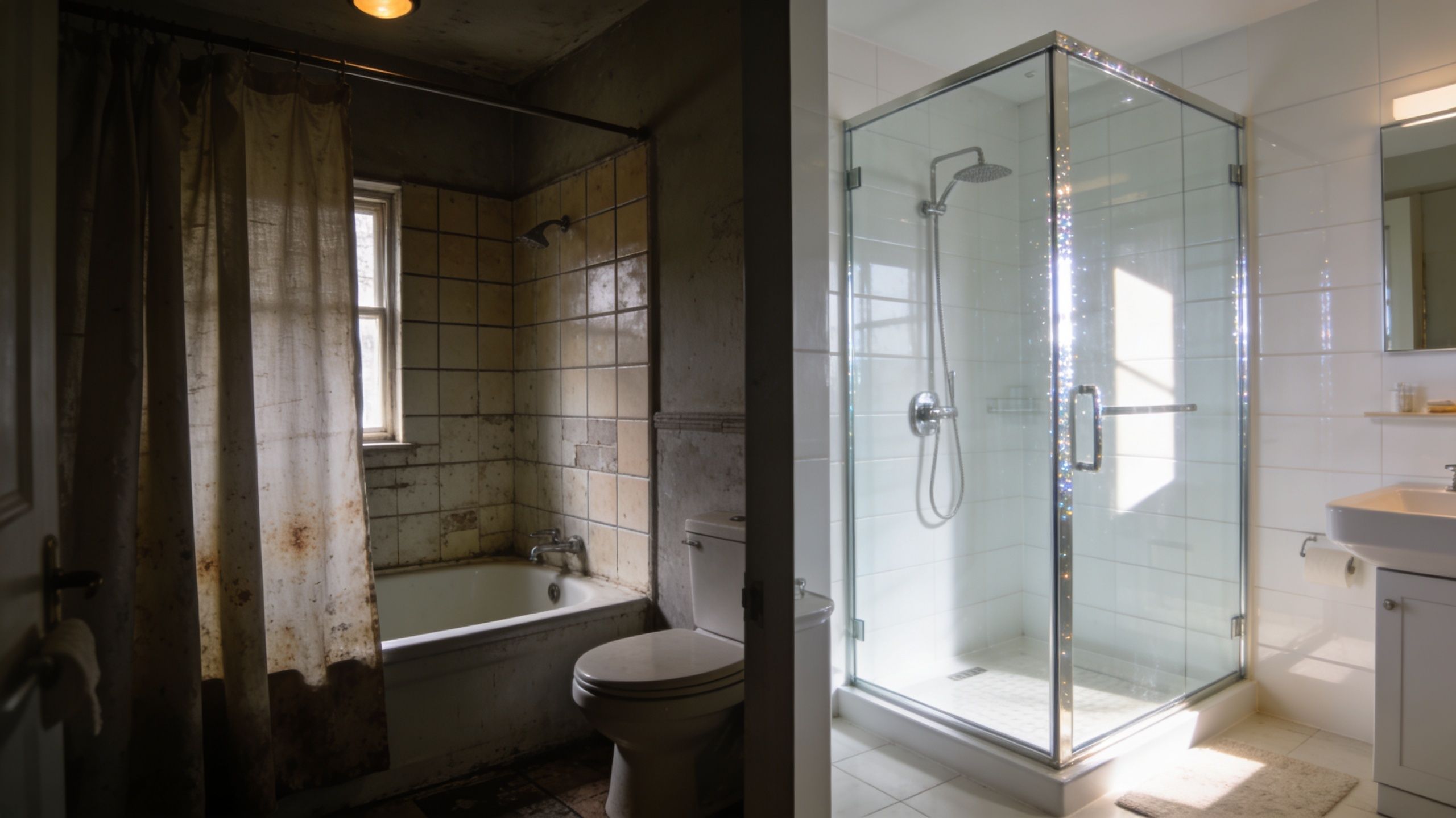 A split-screen comparison showing a dilapidated, dirty bathroom renovation transitioning into a modern, clean, white tiled bathroom.