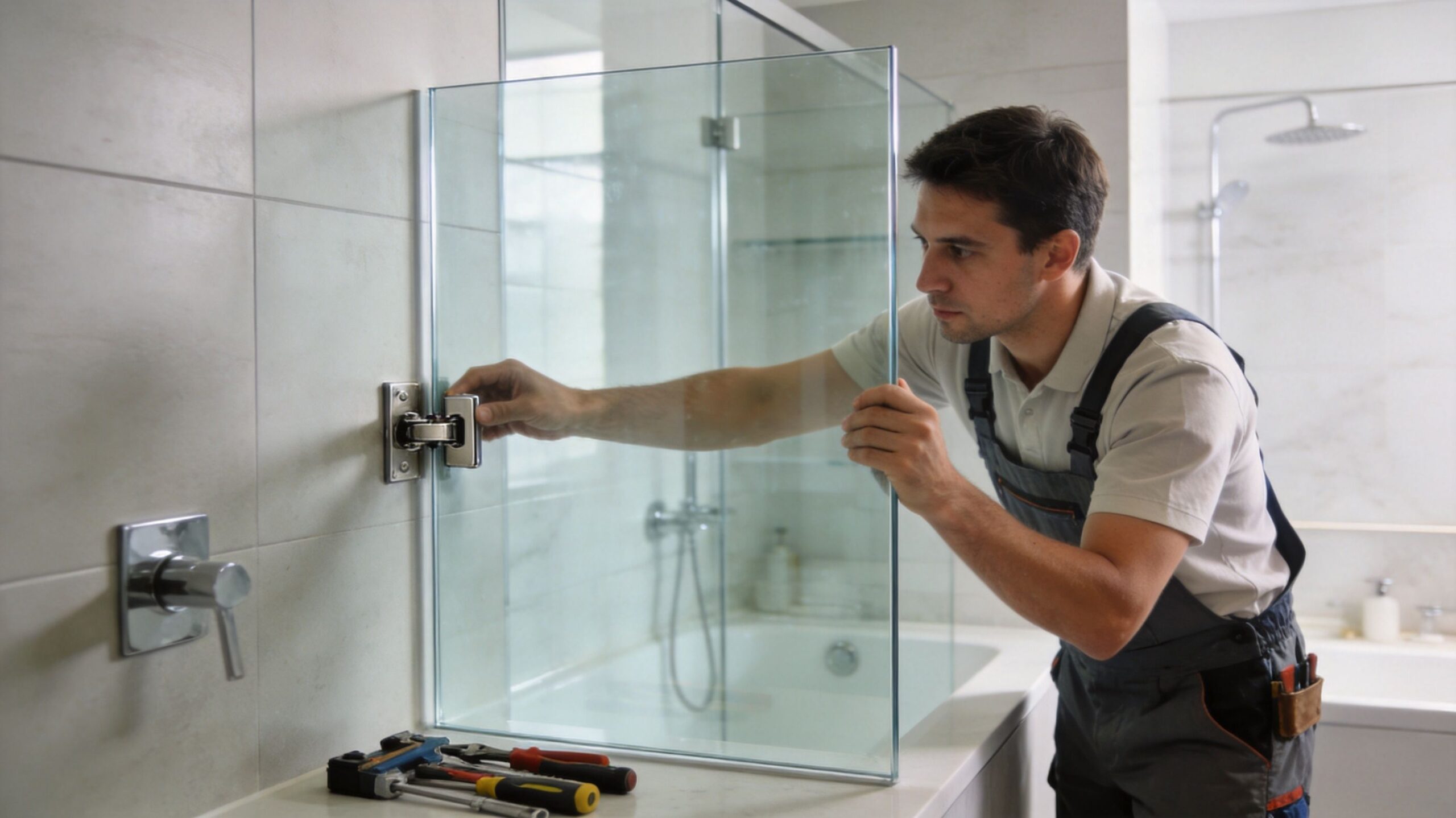 A professional bathroom contractor installing a frameless glass shower door in a modern residential bathroom.