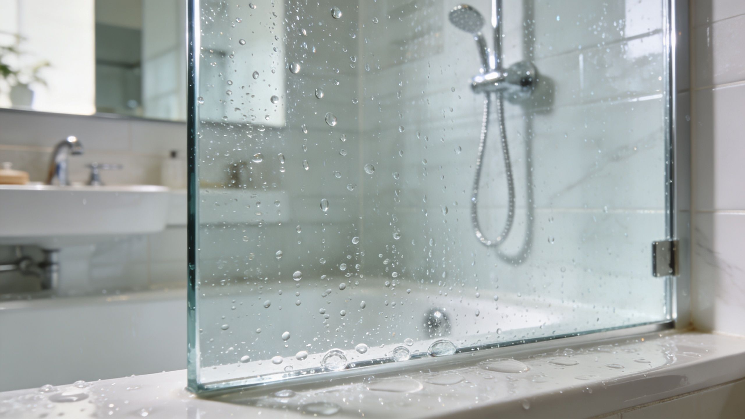 A close up view of a wet frameless glass shower door panel in a modern bathroom interior.