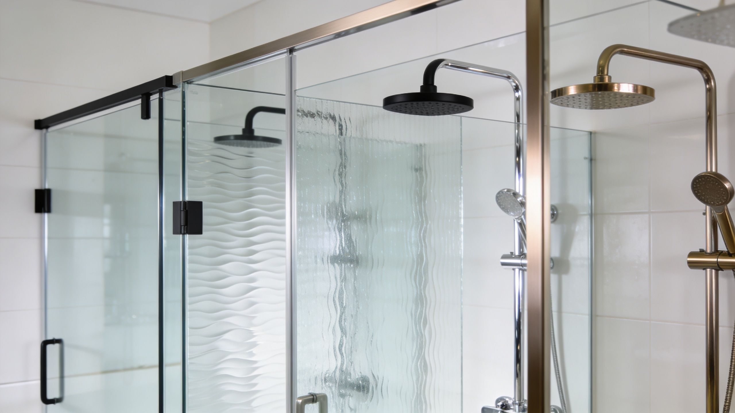 A sleek modern shower setup featuring multiple showerheads and stylish glass panels in a bathroom.