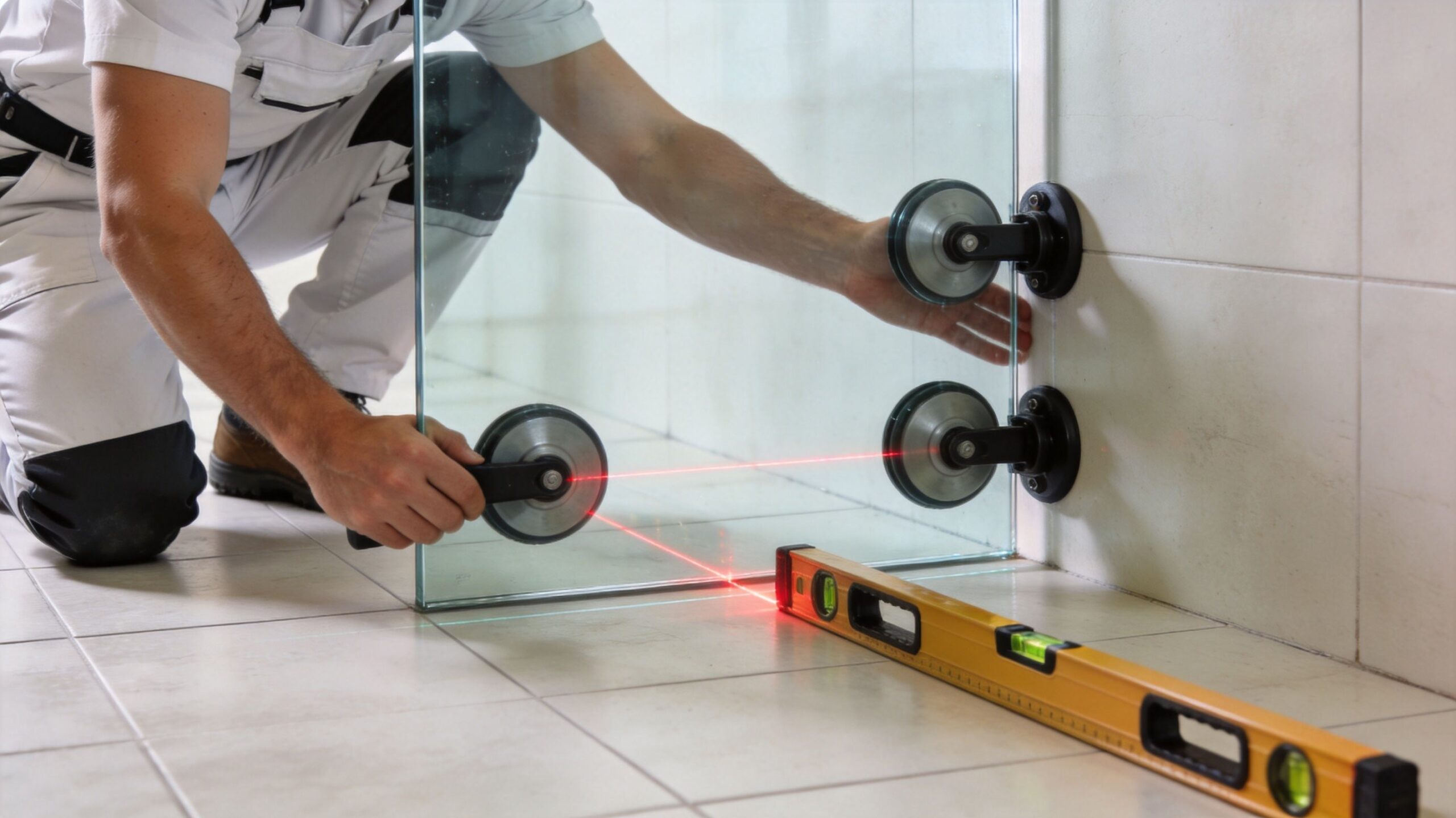 A professional installer uses a laser level to align a glass panel during a bathroom renovation project.