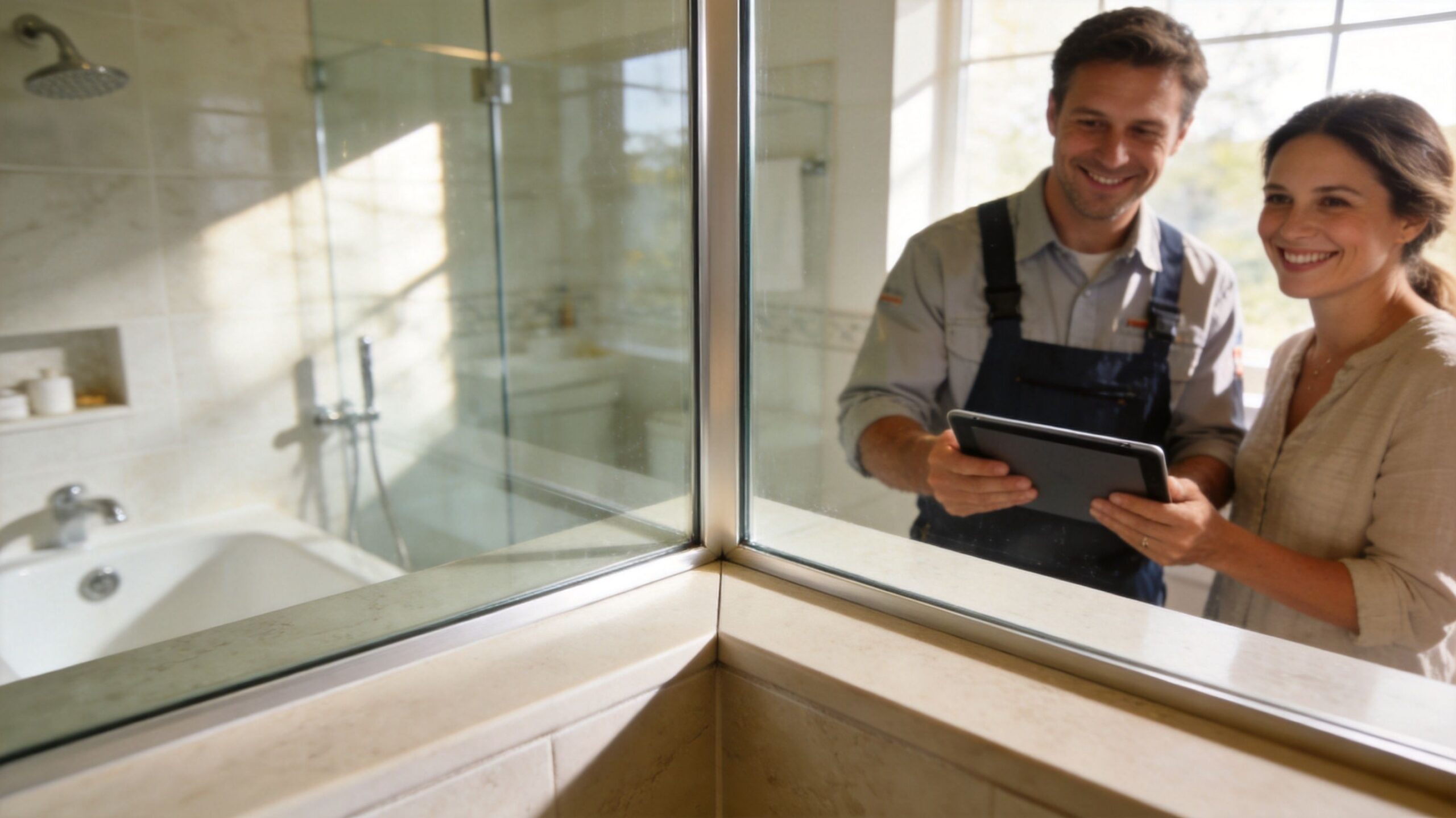 A professional contractor and a female homeowner discussing frameless shower installations using a digital tablet.